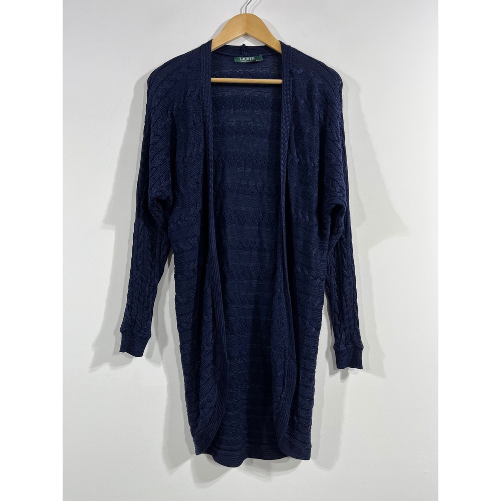 Lauren Ralph Lauren 90s Preppy Fisherman Cable Knit Open Front Long Cardigan S/M